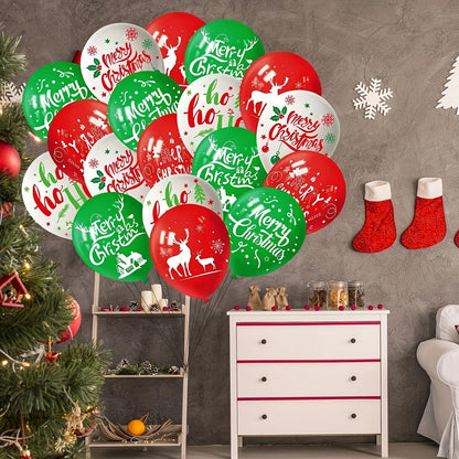 18pcs Christmas Party Balloon Set - 12" Green, Red & White Latex with Reindeer & Tree Prints for Festive Decorations