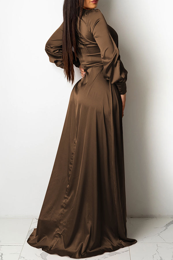 storexq Solid Color Deep V Neck Luxe Lace-Up Split Maxi Dress