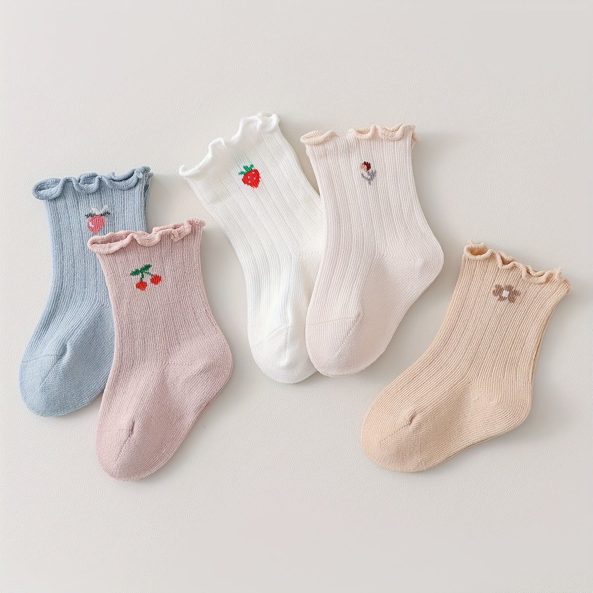 5 Pairs Girl's Cartoon Fruit Pattern Knitted Socks, Cotton Blend Comfy Breathable Soft Crew Socks For Outdoor Wearing