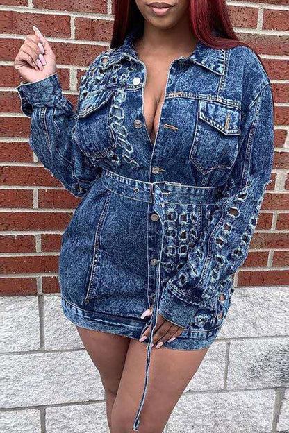 namcoverse Blue Stylish Cutout Belted Denim Mini Dress