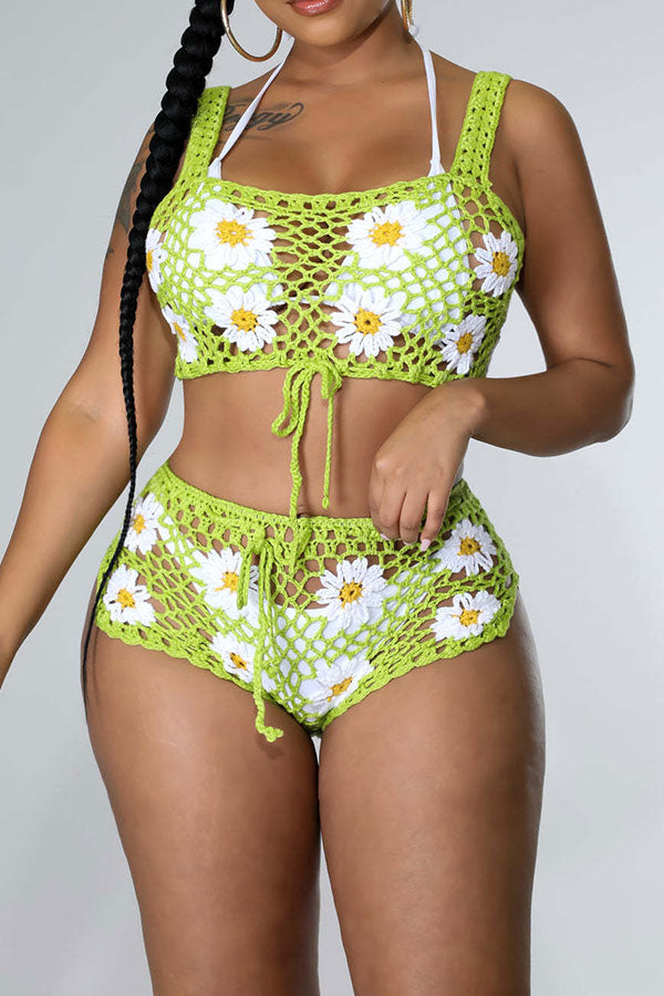 storexq Flower Pattern Pretty Crochet Cutout Drawstring Pant Suit Beachwear