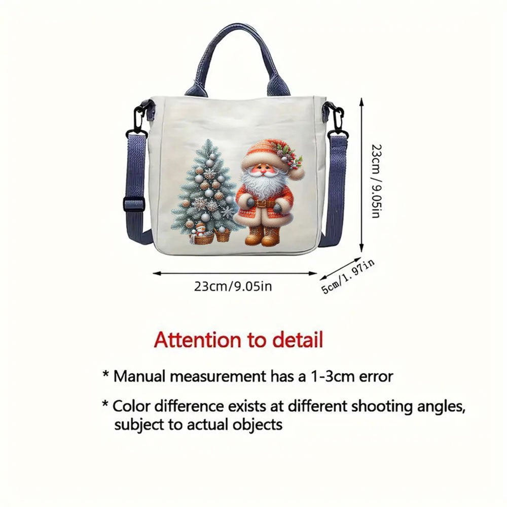 1pc Festive Canvas Christmas Handbag for Women, Santa and Tree Print, Detachable Shoulder Strap, Multi-Use Tote, Messenger, Shoulder Bag with Buckle Closure