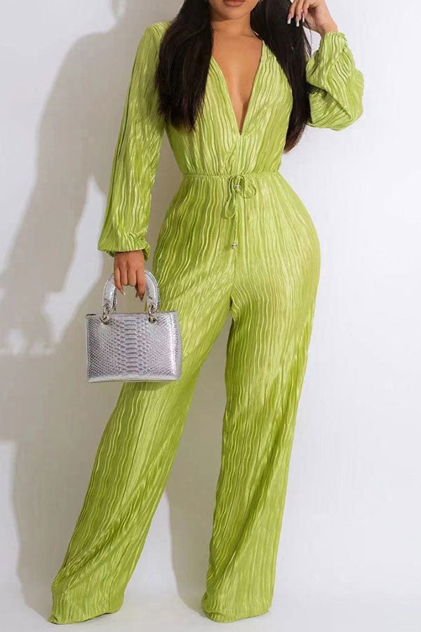 storexq Solid Color Simple Drawstring Pleated Jumpsuit