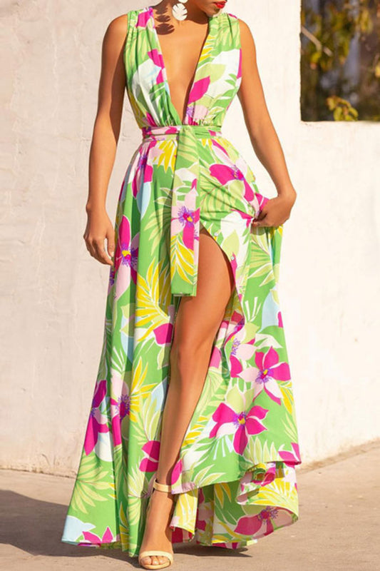 storexq Floral Print Tropical Belted High Split Maxi Dress