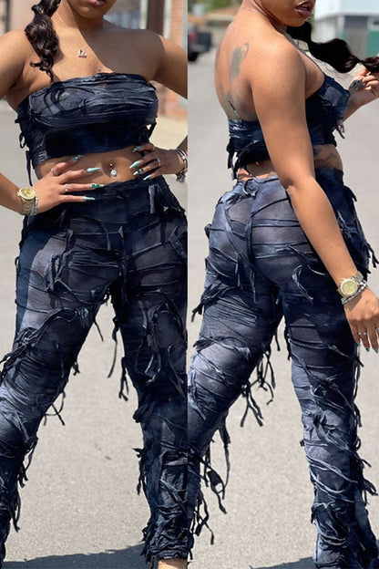 storexq Tie Dye Cool Patchwork Tassel Pant Suit