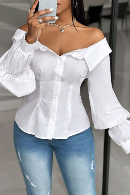 storexq Solid Color Off Shoulder Chic Puff Sleeve Blouse