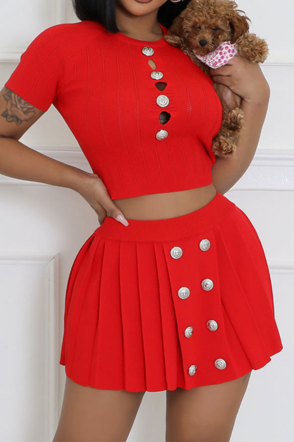 storexq Solid Color Knitted Cozy Pleated Skirt Suit