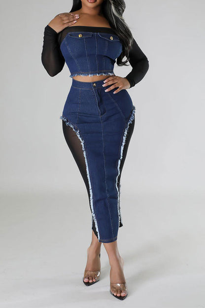 storexq Patchwork See-Through Smart Off Shoulder Denim Dress Suit