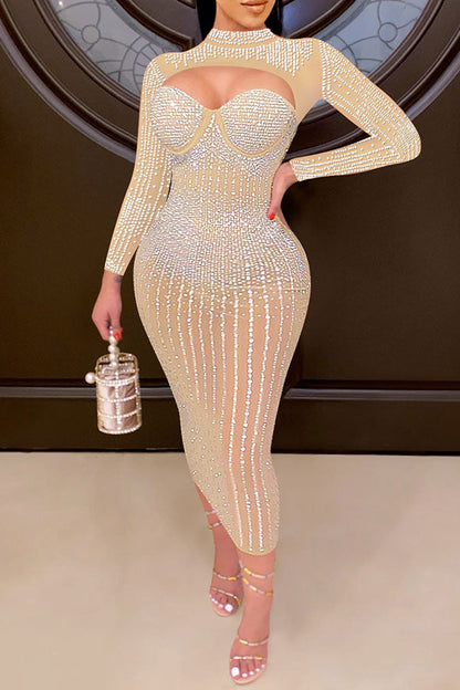 namcoverse Rhinestone Cutout Party See-Through Bodycon Midi Dress