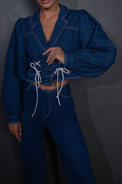 storexq Solid Color Denim Classic Strappy Micro Flared Pant Suit