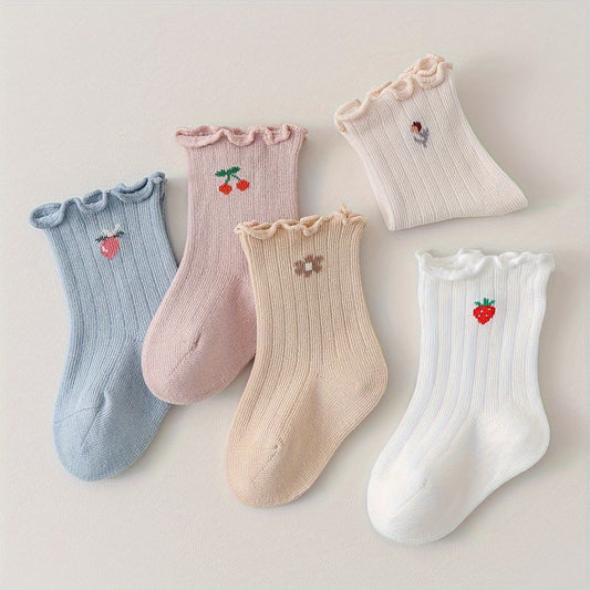 5 Pairs Girl's Cartoon Fruit Pattern Knitted Socks, Cotton Blend Comfy Breathable Soft Crew Socks For Outdoor Wearing