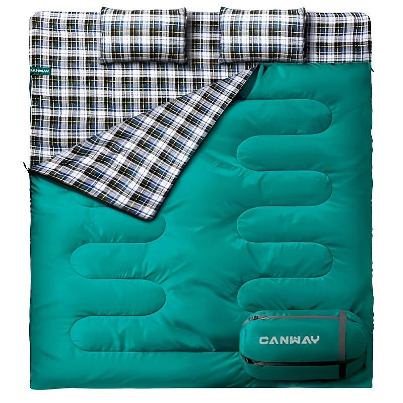 XXL Queen Size 2 Person Flannel Double Sleeping Bag with 2 Pillows - Ultra-Warm, Waterproof, and Spacious for Cold Weather Camping - Ideal for Adults and Couples