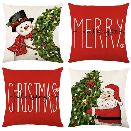 4 Pcs/set Christams Throw Pillow Cover With Four Design: Plaid Trees, Bows, And Messages Like Merry & Bright, Let It Snow; Red Black & White Tones Creates Cozy Holiday Feel, Home Decor, 17.7*17.7inch