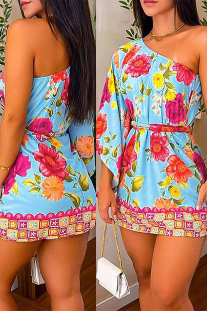 storexq Floral Print Tropical One Shoulder Mini Dress