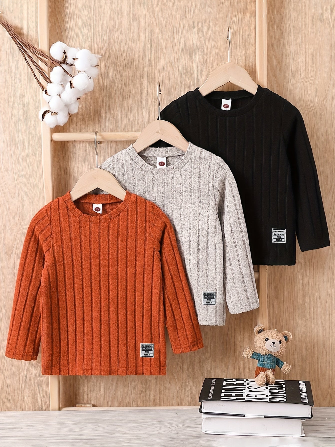 3pcs Cozy Ribbed Pullover Set - Soft Label Patched Long Sleeve Tops for Boys, Versatile Clothing for Spring, Fall, and Winter Seasons