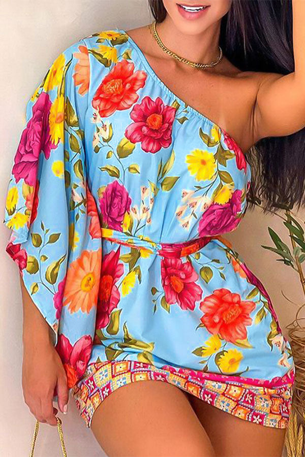 storexq Floral Print Tropical One Shoulder Mini Dress