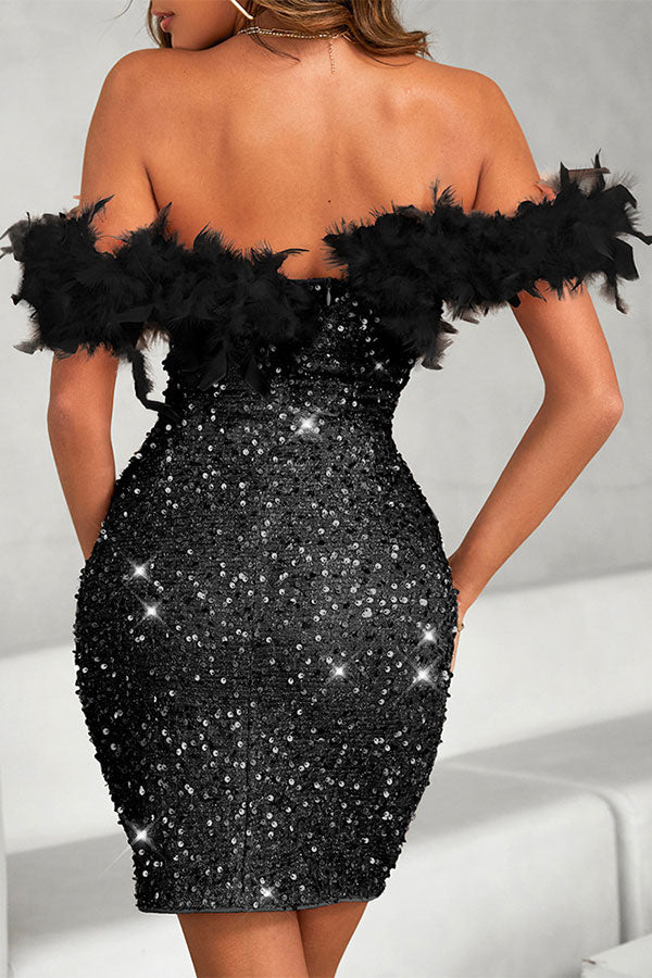 storexq Sequined Sparkly Feather Trim Off Shoulder Mini Dress