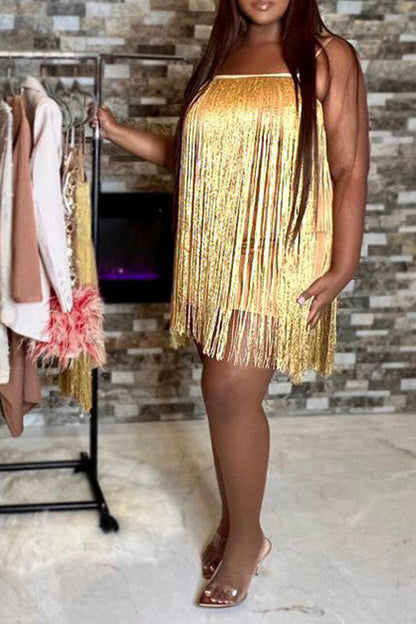 storexq Yellow Party Tassels Mini Dress