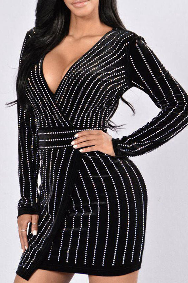 namcoverse Velvet Striped Rhinestone Stylish Bodycon Mini Dress