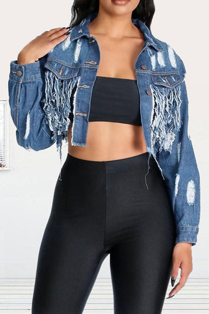 storexq Ripped Stylish Tassel Hem Denim Jacket