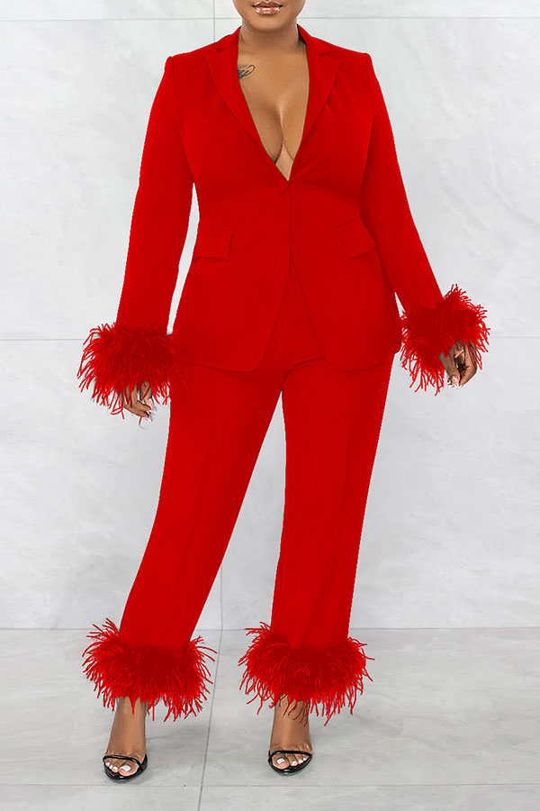 storexq Solid Color Glamorous Feather Trim Office Pant Suit