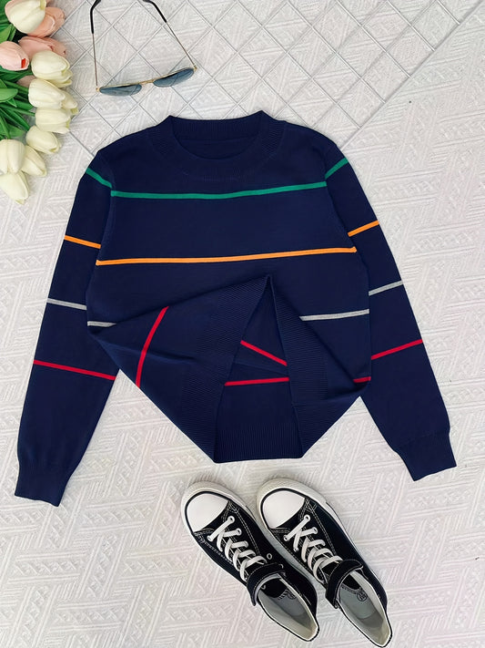 Cozy Boys Striped Color Block Sweater - Soft Round Neck, Long Sleeve, Stretchy, Warm Knit Pullover Top for Outdoor Activities - Versatile, Breathable, and Comfortable Clothes for Casual Wear