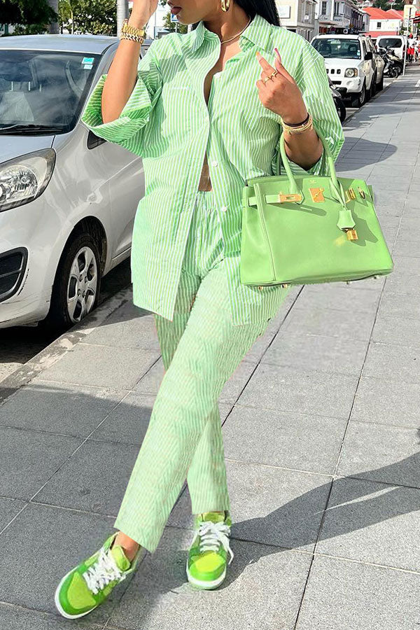 storexq Striped Bright Shirt Collar Pant Suit