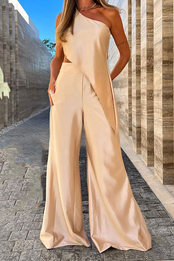 storexq Solid Color Modern Irregular Wide Leg Pant Suit