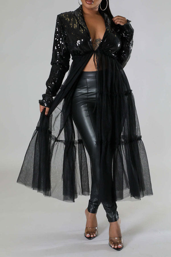 storexq Sequined Sparkly Tiered Tulle Patchwork Coat