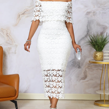 Stunning Floral Applique Off Shoulder Bodycon Midi Dress - Elegant Split Back Lace Design, Party-Perfect Women's Clothing with Flattering Silhouette and Chic Style