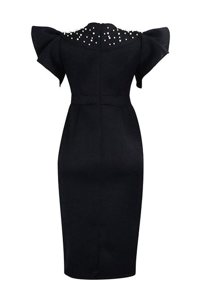 storexq Beaded Decor Elegant Ruffle Sleeve Midi Dress