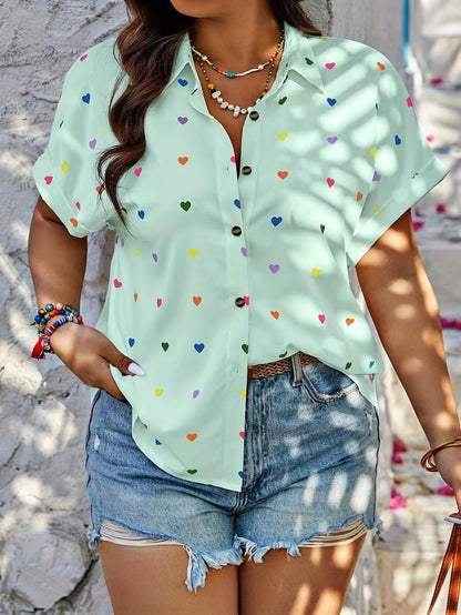 Charming Plus Size Heart Print Blouse - Casual Short Sleeve with Button Detail - Perfect for Spring - Designed for Curvy Womens Fashion