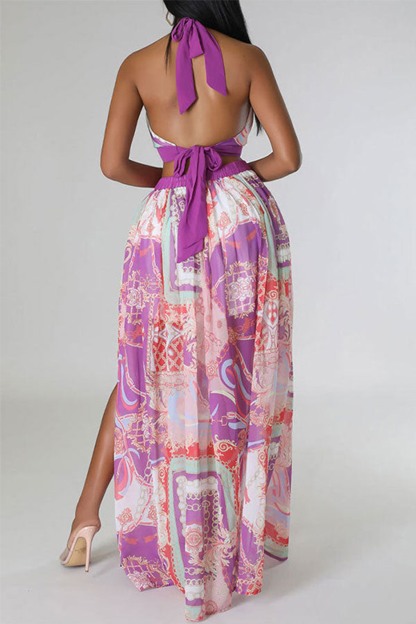 storexq Tribal Print Hot Cutout High Split Maxi Dress