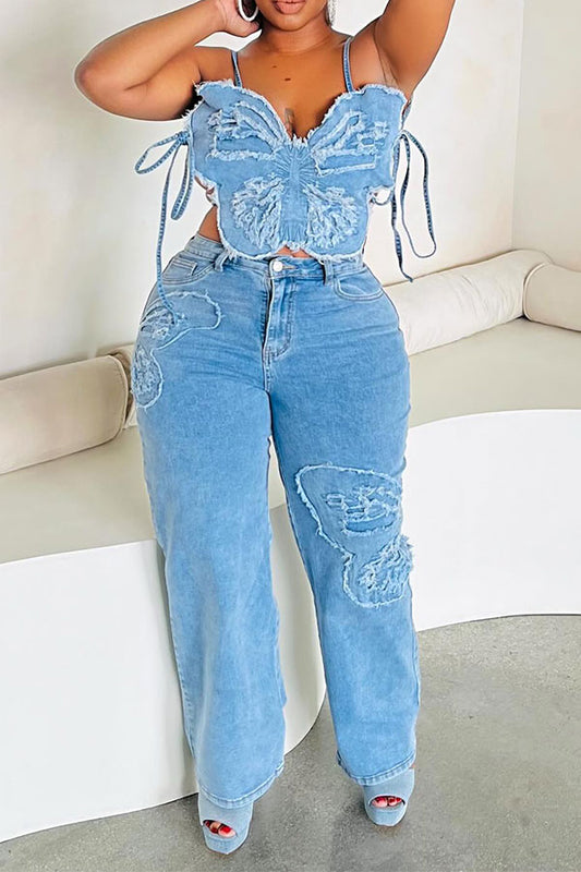 storexq Blue Butterfly Flattering Lace-Up Denim Pant Suit