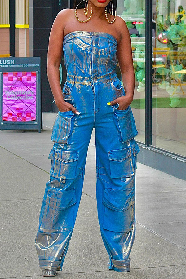 storexq Metallic Coated Strapless Punk Patch Pocket Jumpsuit