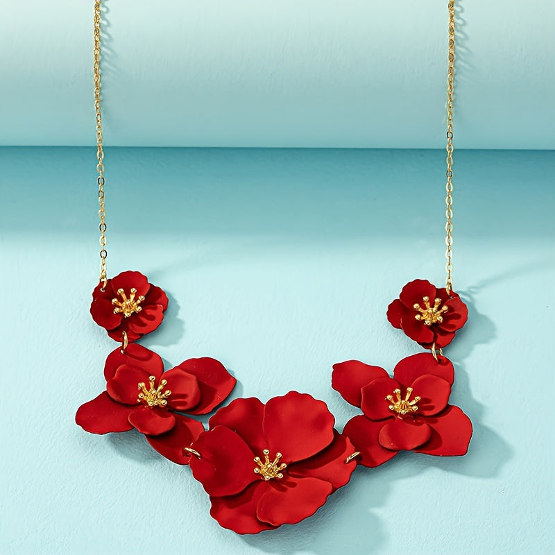 Bohemian Style Handmade Red Pendant Flower Necklace, Fashionable Temperament Women's Floral Princess Necklace Jewelry For Vacation And Casual Wear