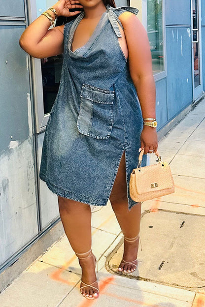 namcoverse Patchwork Urban Lace-Up Denim Midi Dress