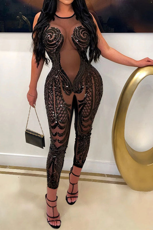 storexq Tribal Pattern Sequined Stylish See-Through Jumpsuit