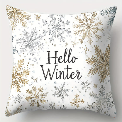 Contemporary 4-Pack Christmas Throw Pillow Covers 17.7" - Polyester, Zippered, Machine Washable, Festive Golden & Gray Print for Living Room Decor - Snowman, Trees, Winter Designs, Woven Pillowcases (No Pillow Core)