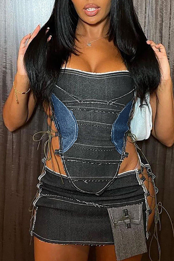 storexq Color Block Denim Flirty Strappy Camisole