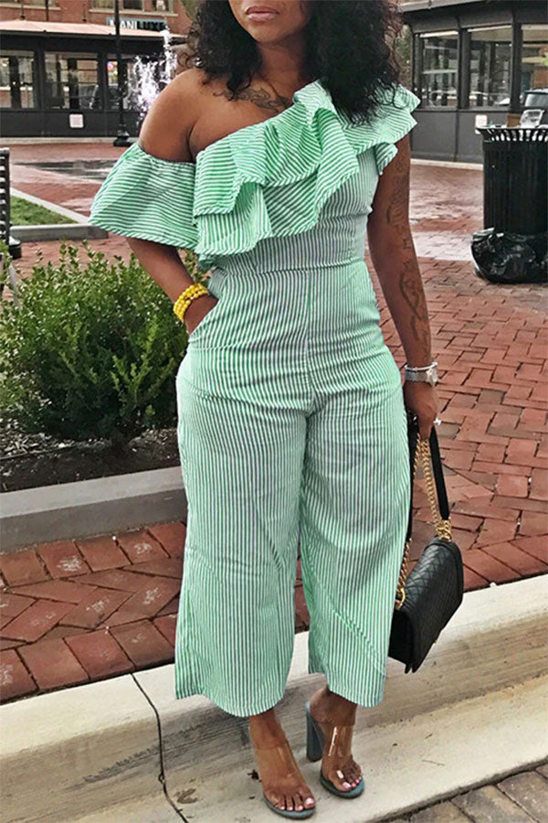 storexq Striped Oblique Collar Pretty Ruffle Jumpsuit