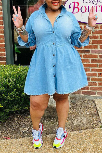 storexq Light Blue Lapel Girly Denim Mini Dress