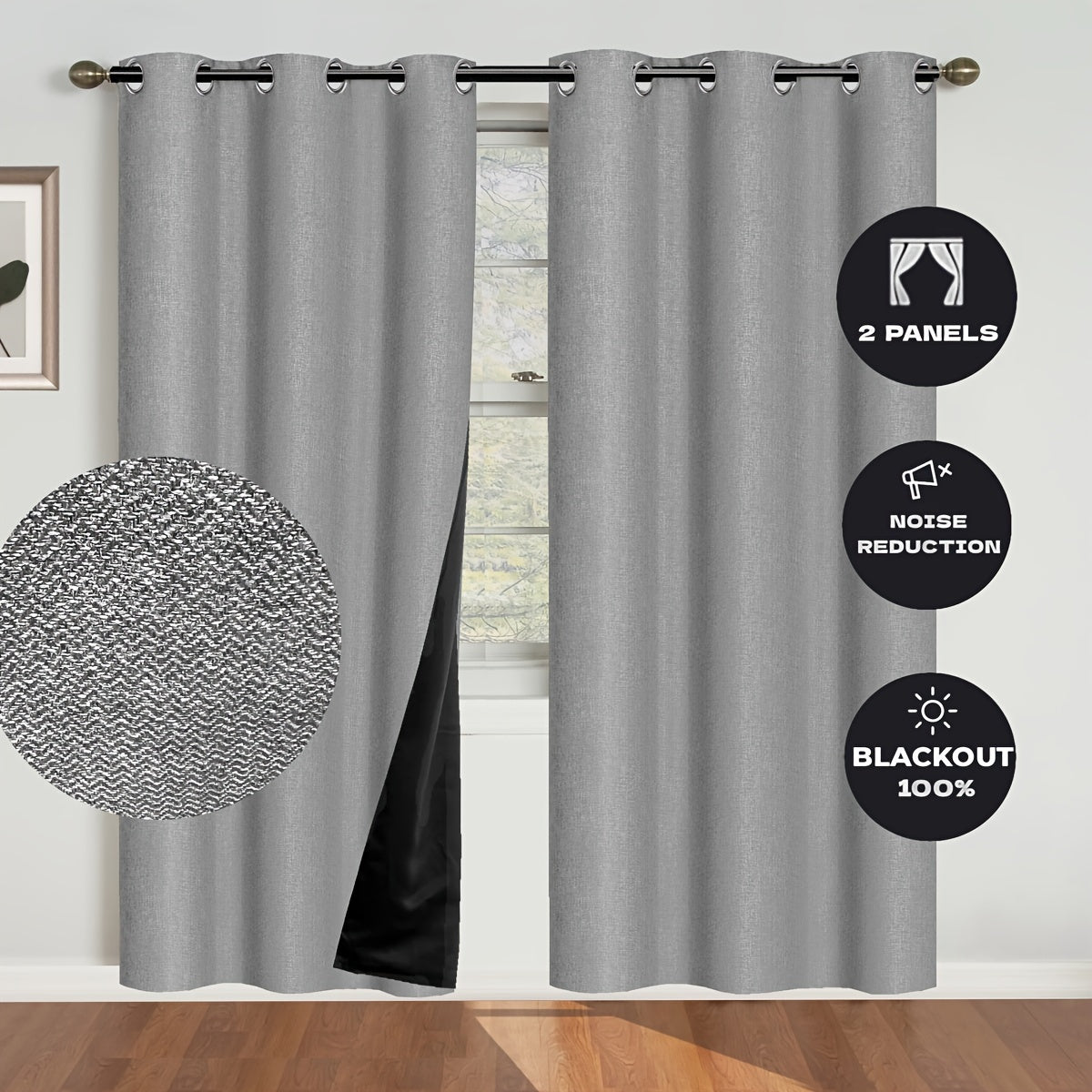 2 Panels Blackout Linen Textured Curtain - Panels with Polyester Coated Insulation, Grommet Top, Bedroom and Living Room Decor, Room Darkening, Energy Saving, and Noise Reducing Functions