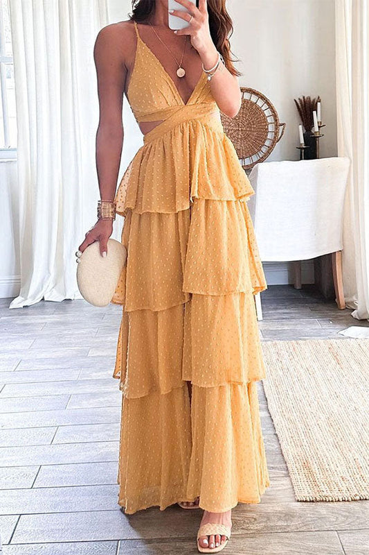 storexq Solid Color Sweet Cutout Tiered Maxi Dress