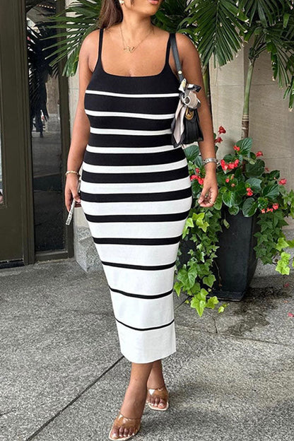 storexq Striped Simple Spaghetti Strap Midi Dress