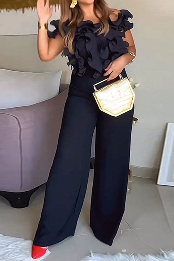 storexq Solid Color Ruffles Glamorous Off Shoulder Jumpsuit