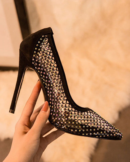 storexq Rhinestone Party Fishnet Patchwork Clear Sandals