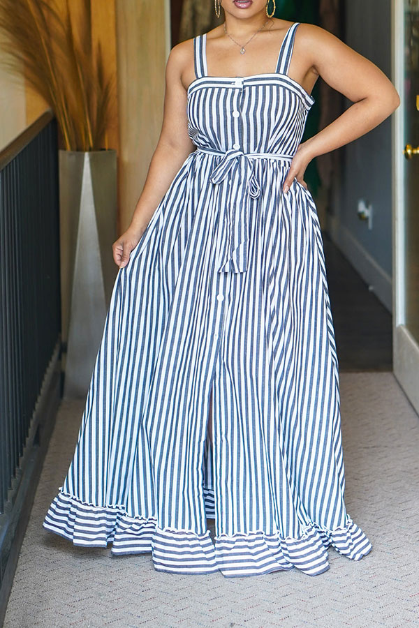 storexq Striped Classic Button Down Belted Midi Dress