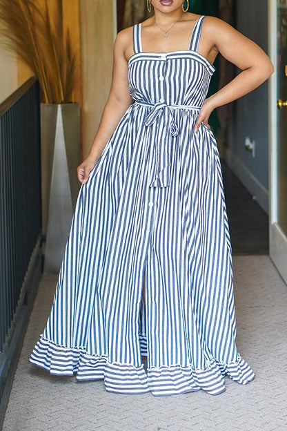 storexq Striped Classic Button Down Belted Midi Dress