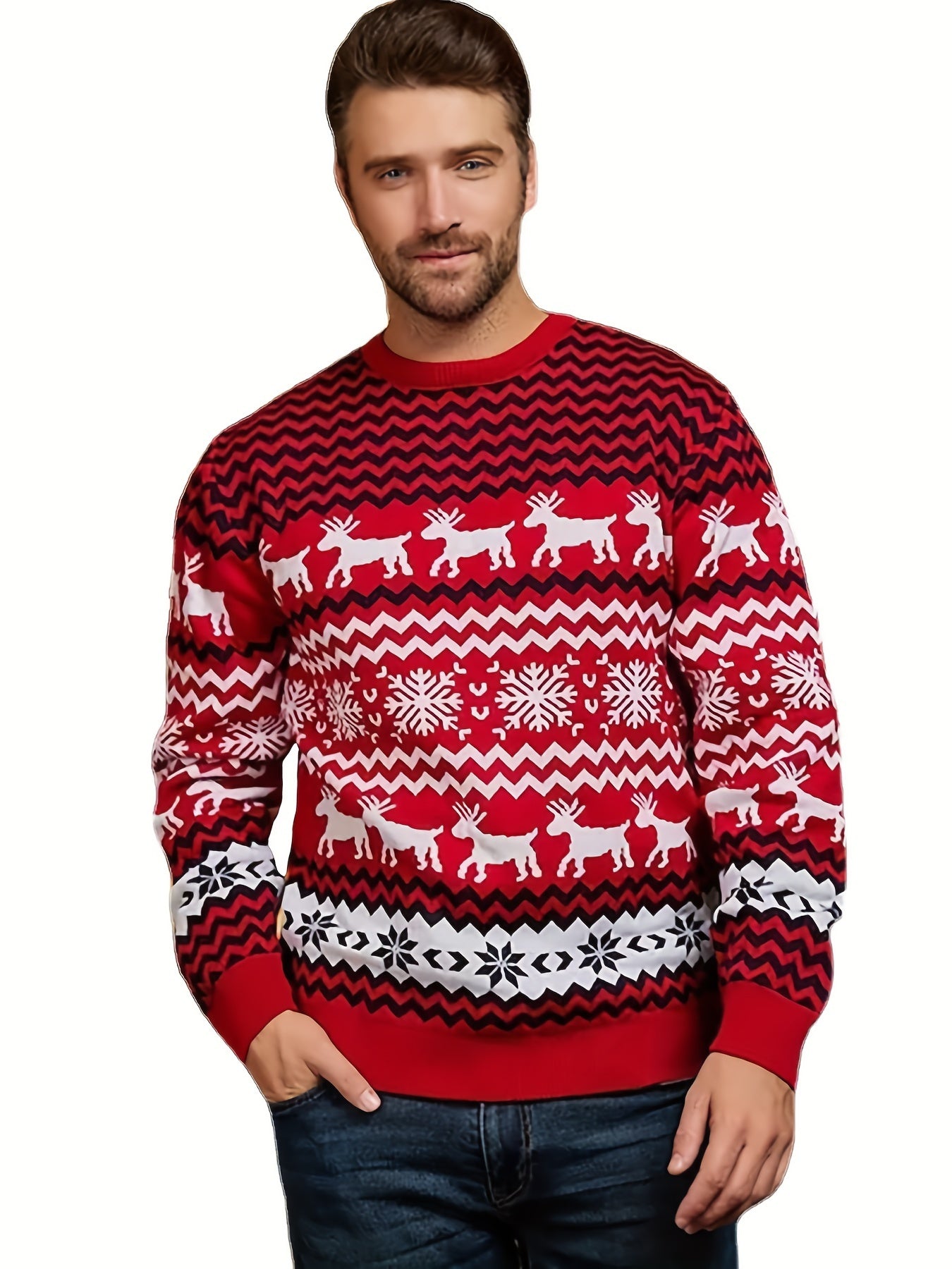 1pc Unisex Acrylic Christmas Sweater with Reindeer Pattern - Casual Style, Slight Stretch, Woven Holiday Theme Party Costume for New Year and Carnival